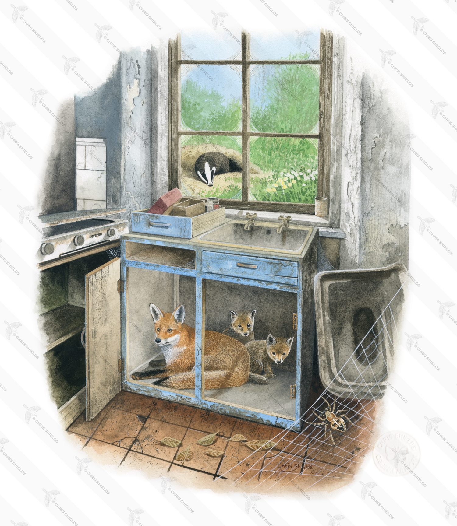 Painting of Foxes Under the Sink